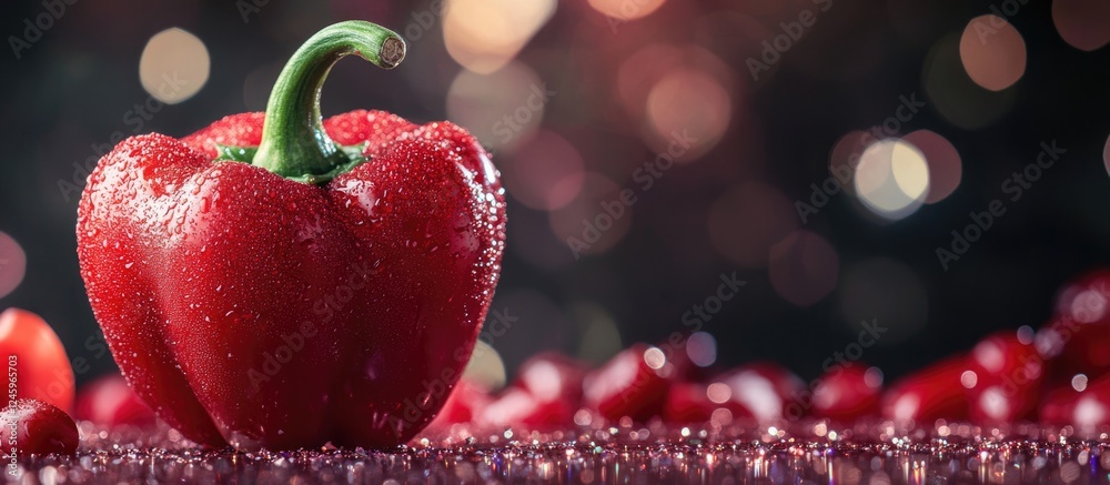 Aufkleber crimson bell pepper adorned with a shimmering ring on a blurred background with space for text and a