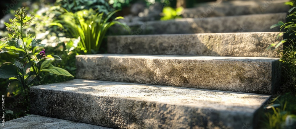 Aufkleber concrete garden steps with natural greenery and textured surface patterns in a serene outdoor settin