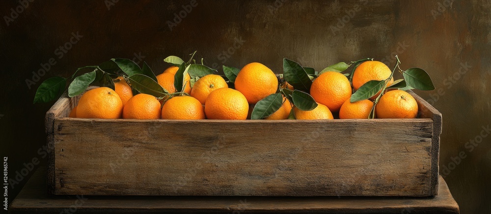 Poster freshly harvested oranges displayed in a rustic wooden box with green leaves on a textured backgroun