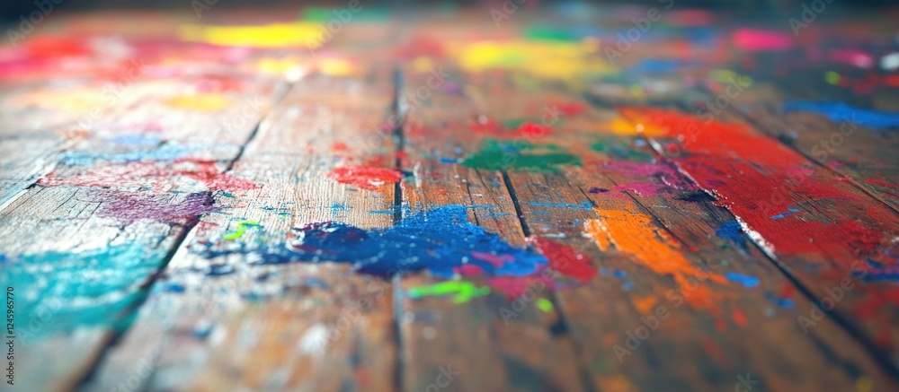 Poster vibrant splashes of paint on a wooden floor showcasing creativity and artistic expression in a color