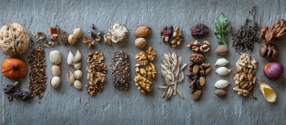 Poster variety of nuts and seeds arrangement isolated on gray background for culinary or nutritional use