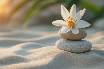 Fototapeta premium A single flower positioned on a natural pile of rocks in a serene outdoor environment highlighting the contrast between flora and stone textures