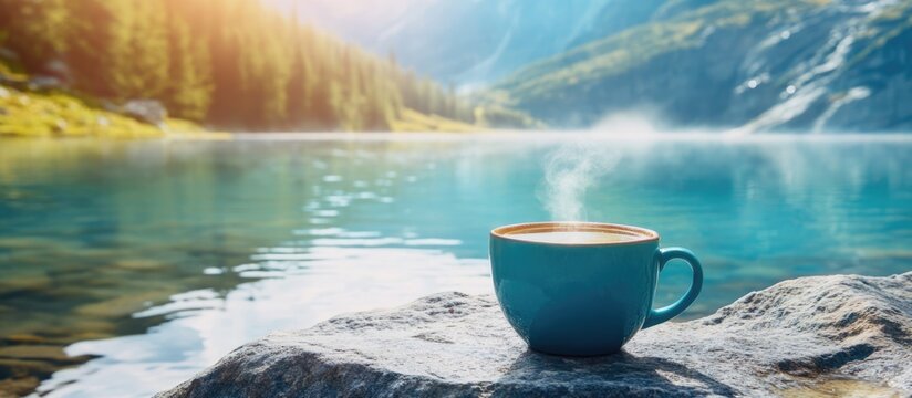 Relaxing cup of hot drink by a serene lakeside in the mountains with vibrant nature reflections and space for custom text.