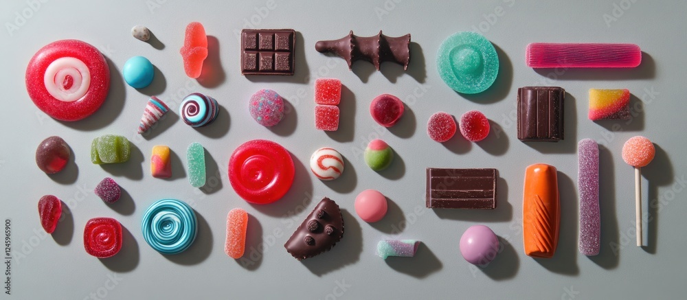 Poster colorful assortment of assorted candies and chocolates arranged on a soft grey background showcasing