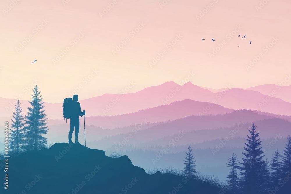 Aufkleber Hiker standing on mountain ridge during sunset with open space for text. Generative AI