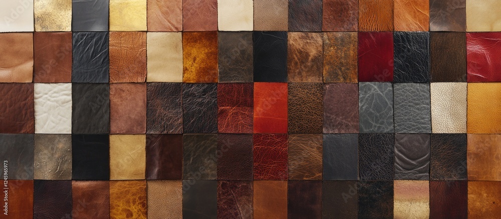 Poster Collage showcasing a variety of leather textures and colors arranged in a grid pattern for design and fashion inspiration.