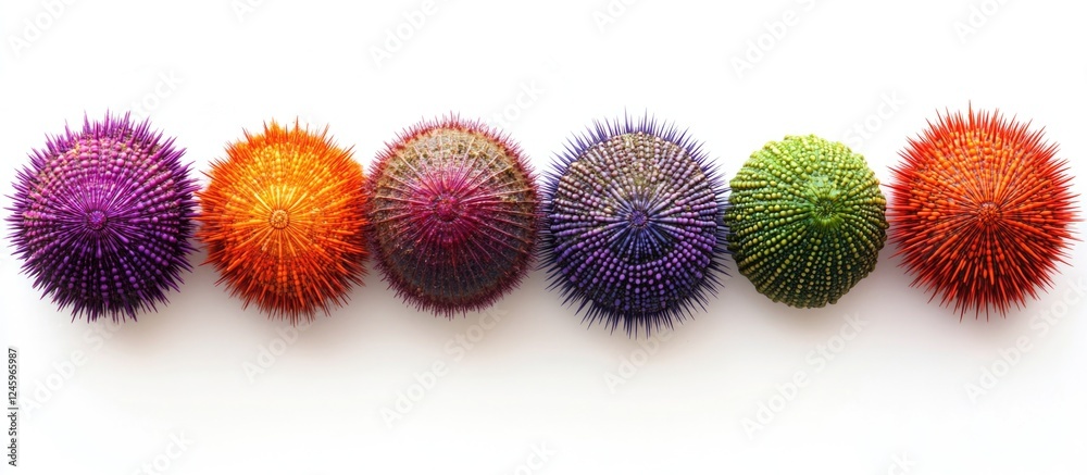 Poster colorful sea urchins arranged in a row on a backlit white background showcasing their vibrant colors