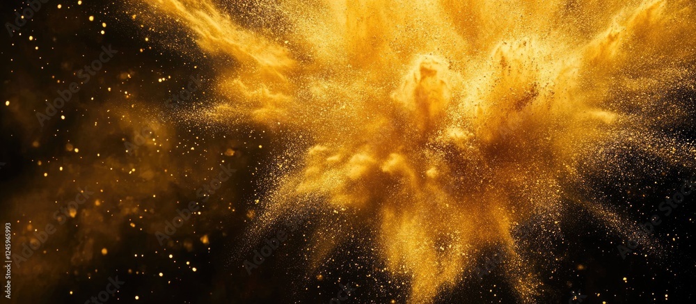 Poster golden powder explosion on black background creating dynamic texture and visual interest with ample 