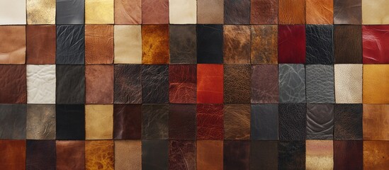 Fototapeta premium Collage showcasing a variety of leather textures and colors arranged in a grid pattern for design and fashion inspiration.