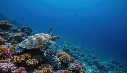 Obraz premium Majestic Sea Turtle Gliding Over Vibrant Coral Reef in Crystal Clear Ocean Waters