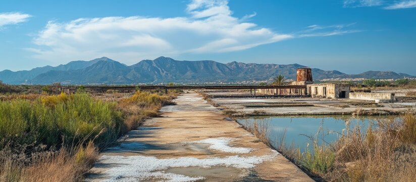 Abandoned saltworks in Calblanque Murcia showcasing historical landscape and natural beauty with mountains in the background