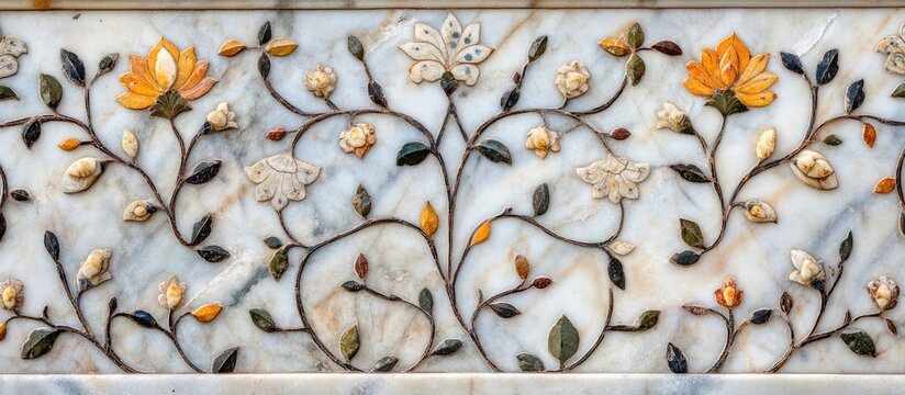 Intricate marble surface featuring stone inlay floral designs at Itimad Ud Daulah tomb Agra India showcasing fine craftsmanship and artistry.