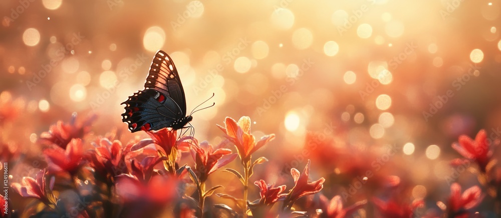 Aufkleber Common crow butterfly resting on vibrant red ruspolia flowers amidst a sunlit background with bokeh effect and shallow depth of field.