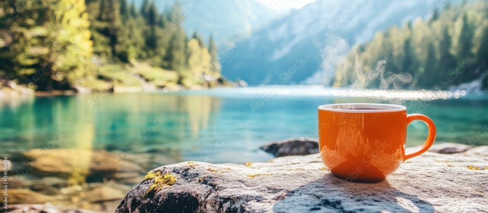 Poster serene cup of hot drink beside clear mountain lake with lush greenery and empty space for text or br