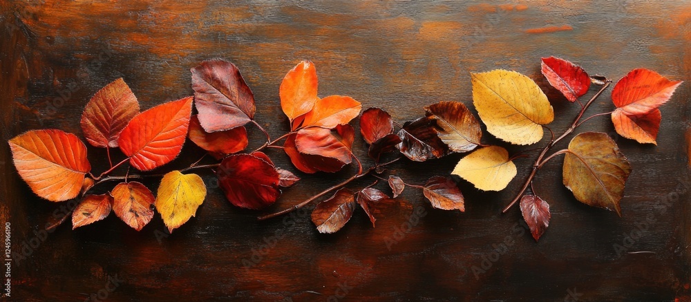 Poster autumn leaves arrangement showcasing vibrant colors against a rustic background creating a cozy seas