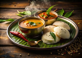 South Indian breakfast: idli, sambar, chutney.  Low-light photography captures the delicious aroma.