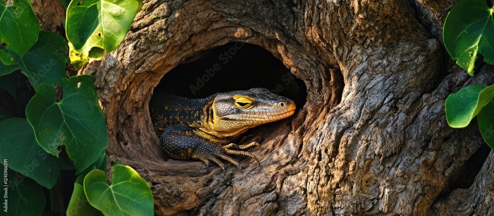 Poster water monitor lizard varanus salvator resting in a tree hollow surrounded by foliage in kruger natio