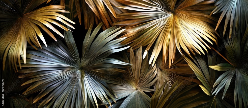 Poster abstract composition of dry palm leaves with dynamic lighting and shadows creating an intriguing and