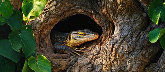 Water Monitor Lizard Varanus salvator resting in a tree hollow surrounded by foliage in Kruger National Park South Africa
