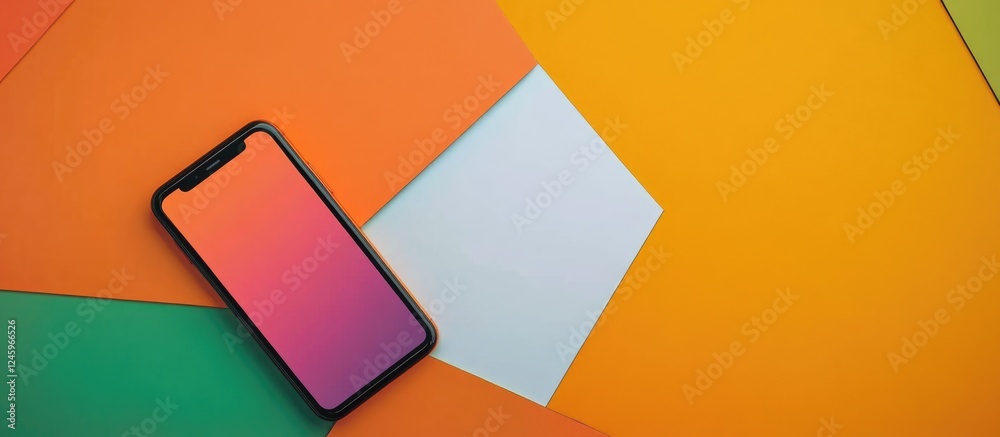 Poster Colored smartphone with dual screens on vibrant orange background featuring blank white space for customizable text or graphics.