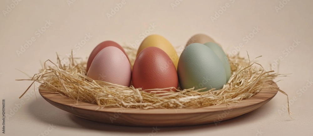 Poster Easter eggs in a rustic plate with straw on a beige pastel background creating a festive and cheerful greeting card design.
