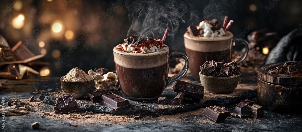 Aufkleber cozy cups of hot chocolate topped with cream and spices presented with chocolate pieces on a dark te