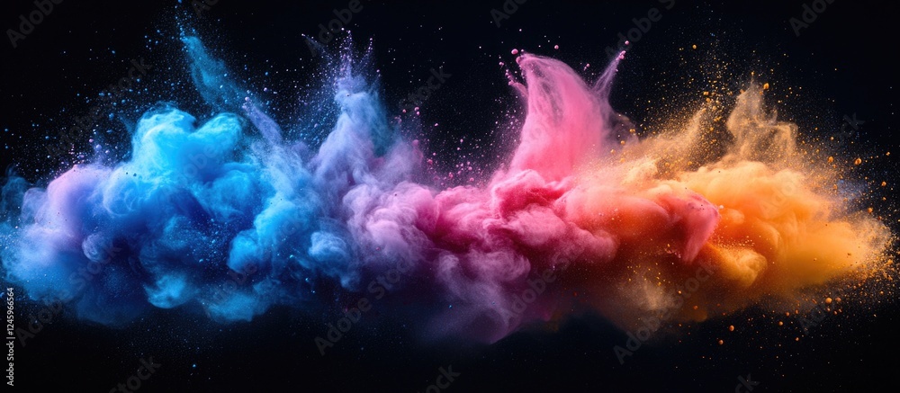 Poster vibrant colored powder explosion on a dark background conveying energy and creativity in abstract ar