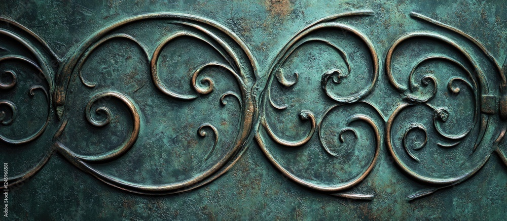 Poster elegant curved pattern design in intricate metalwork on a weathered green door surface showcasing ar