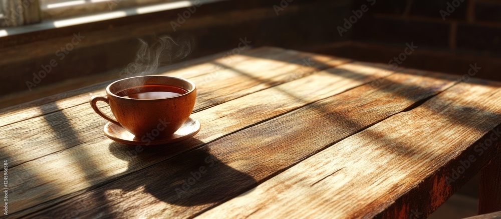 Aufkleber warm cup of tea resting on a rustic wooden table illuminated by soft natural light creating a cozy a