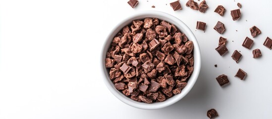 Naklejka premium Crunchy chocolate cereal in a white bowl with scattered pieces on a clean white background for breakfast or snack concepts.