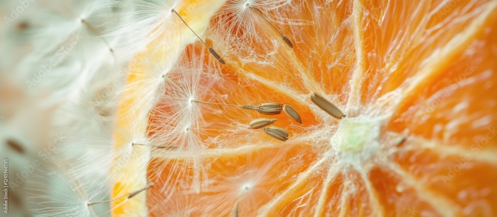 Leinwandbilder close-up of an orange slice and dandelion seeds highlighting intricate textures and vibrant colors i