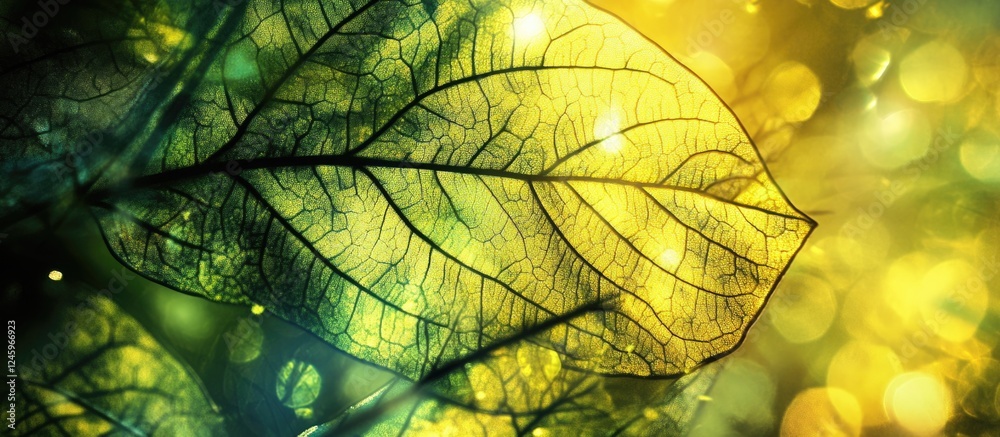 Poster Translucent leaves in vibrant yellow and green hues with a soft bokeh background creating an enchanting nature-inspired atmosphere.