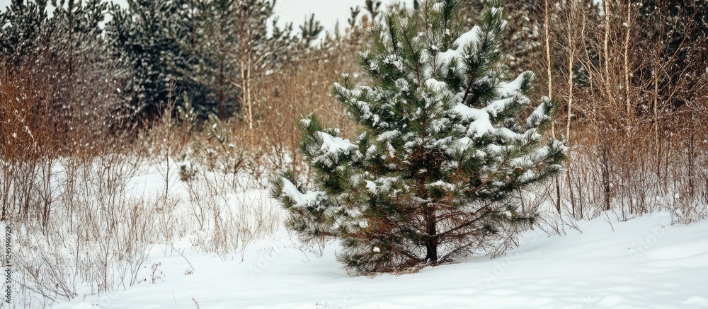 Poster snowy winter landscape featuring coniferous pine and evergreen shrubs with ample blank space for tex
