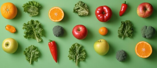 Colorful assortment of fresh fruits and vegetables arranged on a vibrant green background showcasing healthy eating and nutrition.