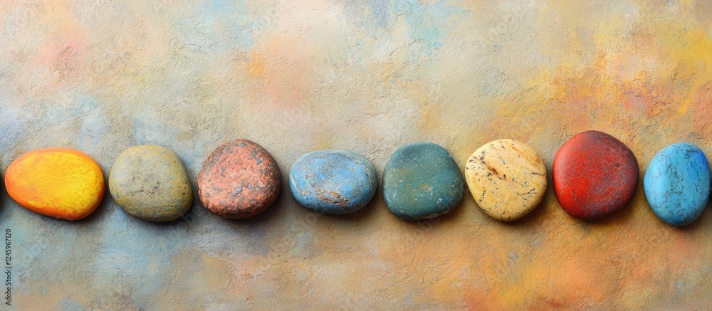 Poster Colorful painted stones lined up against a textured background with a blank space for customizable text or branding.