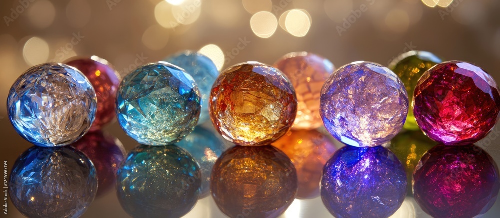 Poster Colorful crystal air freshener balls arranged in a row reflecting light with a soft bokeh background creating an inviting ambiance.