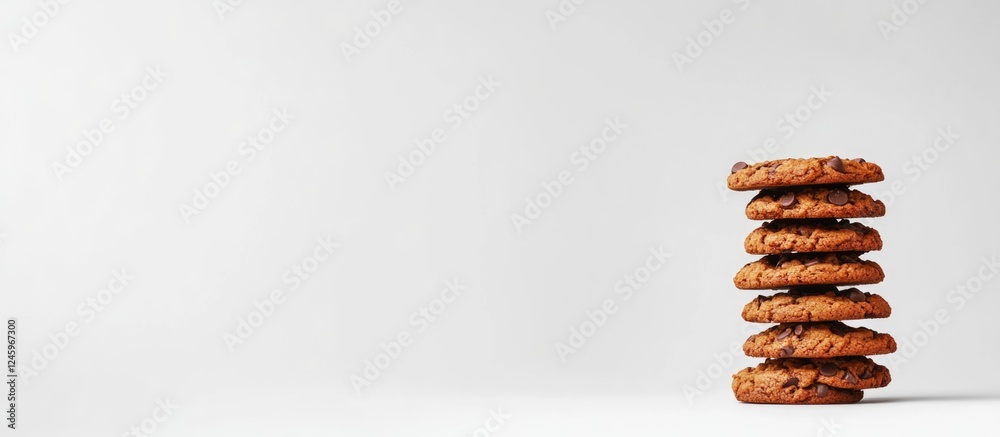 Aufkleber Stack of chocolate chip cookies on a white background with ample negative space for text or branding opportunities