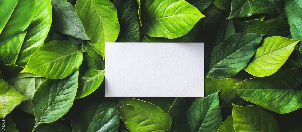 Poster green leaves backdrop with a blank white card for creative design and branding concepts showcasing n