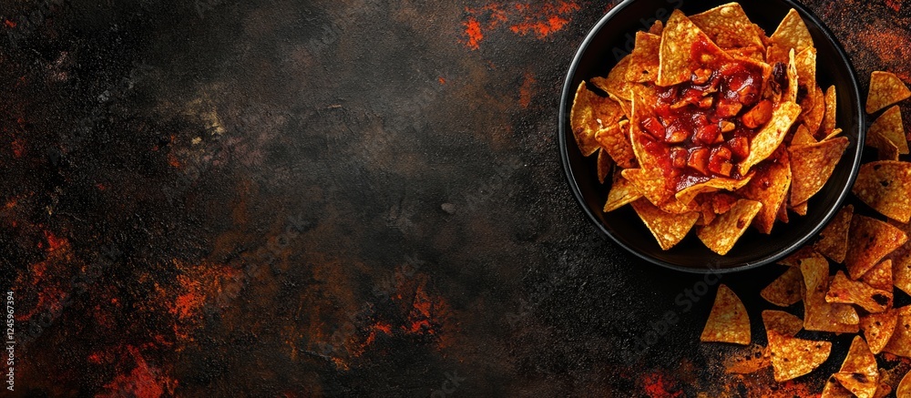 Aufkleber Crispy spicy nachos served with chili sauce on a dark textured background with ample space for text and creative design use.