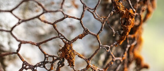 Rusty damaged wire mesh with intricate patterns showcasing deterioration and environmental impact on metal structures.