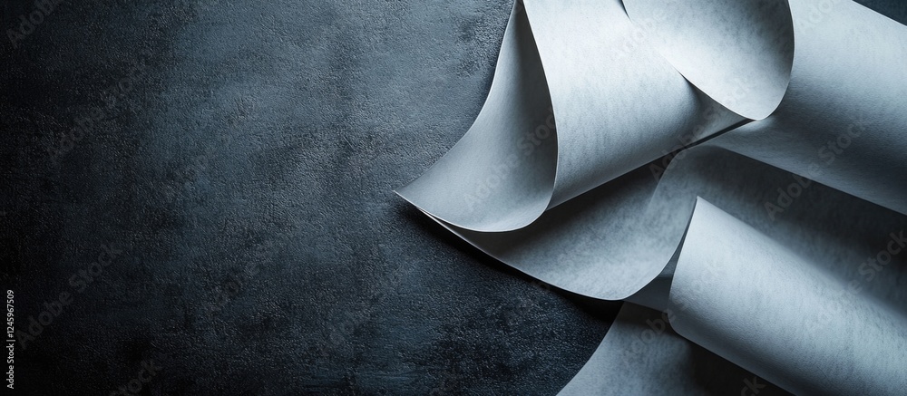 Poster Curved white paper sheets elegantly arranged on a textured dark background creating a contrasting and artistic composition.