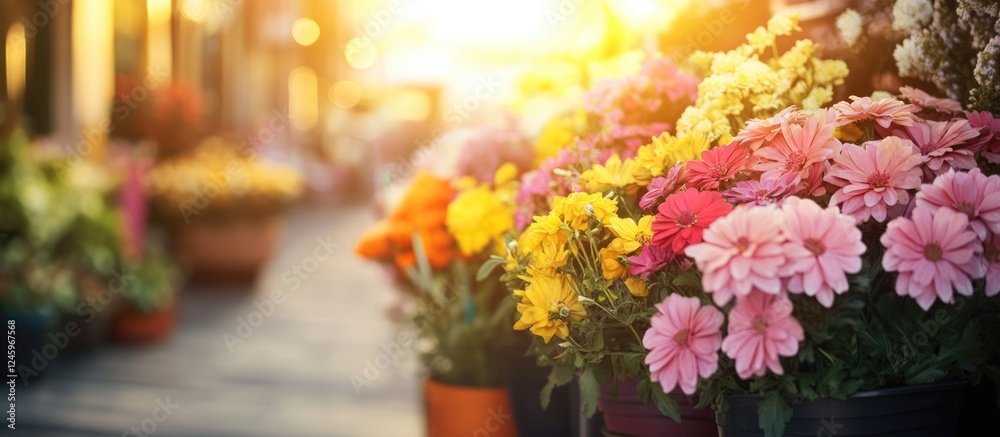 Fototapete colorful flower bouquets basking in morning sunlight creating a warm and inviting atmosphere with am