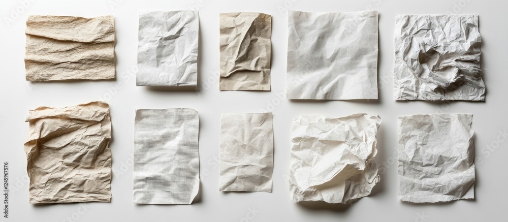 Poster Collection of crumpled and unfolded recycled paper sheets on a clean white background showcasing textures and variations in paper design.