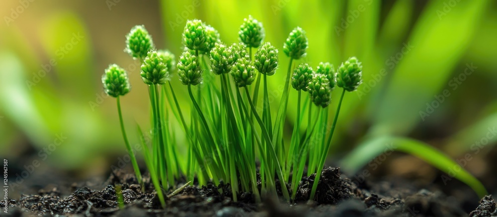 Poster fresh green shoots of cyperus rotundus commonly known as nut grass emerging from dark soil with blur