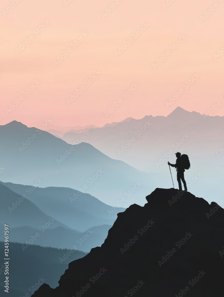 Poster hiker on mountain ridge enjoying vast views during sunset near high peaks and tranquil valleys. gene