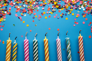 Obraz premium Colorful birthday candles arranged in a row on a blue background, surrounded by colorful confetti. This image symbolizes celebration, fun, and festive moments for birthday parties.
