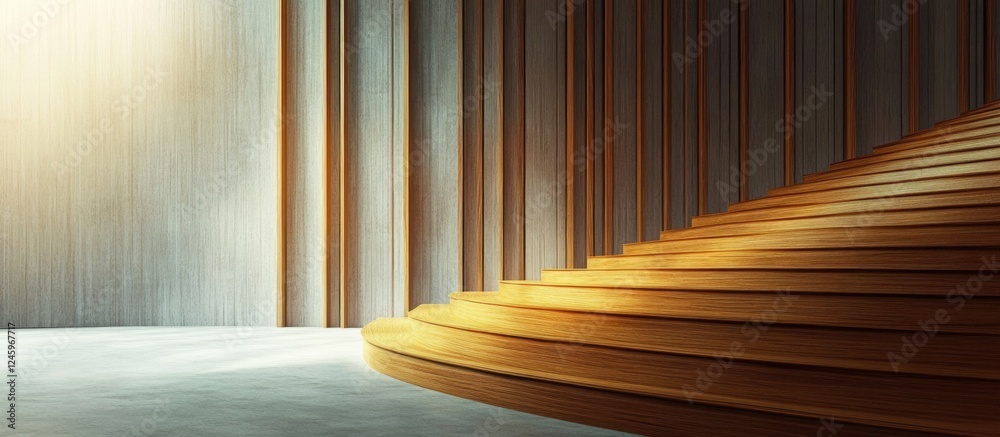 Poster curved wooden orchestra seating with an empty stage and soft lighting for creative text or announcem