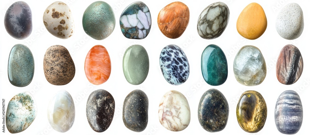 Poster Collection of colorful ocean stones in various shapes and patterns isolated on a white background for natural texture and design concepts