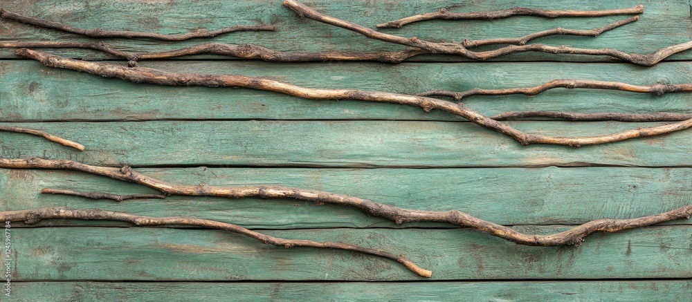 Leinwandbilder green wooden plank wall with natural twig accents creating a rustic and textured background for vari