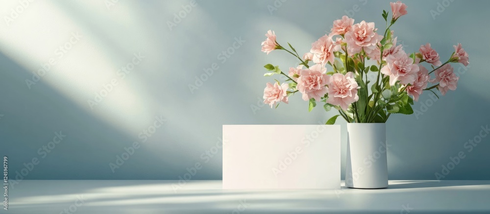 Poster Elegant flowers arrangement with invitation card mock-up on a blue gray background showcasing empty space for personalized text and comments.
